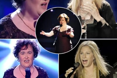 The room is still. Then, like a whisper carried on the wind, the first notes of Send in the Clowns begin to play. It’s not just a song—it’s a story, a heartbreak wrapped in melody. Susan Boyle’s voice enters first, tender and full of longing. Every word she sings feels like a secret, something fragile yet powerful, as if she’s lived every line. Then, seamlessly, Barbra Streisand’s voice joins in, rich and timeless, carrying years of wisdom and sorrow